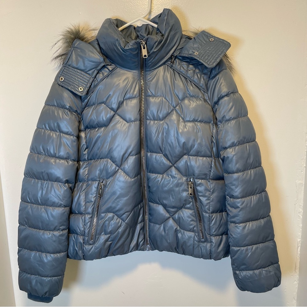 Marc New York Stylish Blue Puffer Jacket with Fur Trim‎ women’s size medium